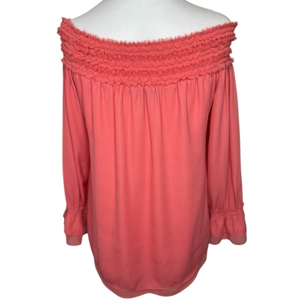 White House Black Market Blouse Off Shoulder Ruffle Smocked Chiffon Boho Medium - Picture 4 of 11